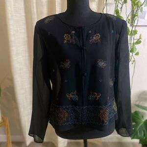 Studio I Black Sheer Blouse with Colorful Embroidery